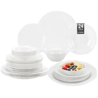 Produktbild von Geschirrset 6 Personen, 24-teilig Tafelservice Porzellan Geschirr Set je 6 Speiseteller Dessertteller Müslischalen Salatschüssel Kombiservice LB-24S02
