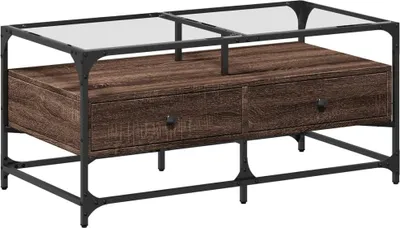 Image de vidaXL Table basse avec plateau en verre brun imitation chêne 98,5x50x45cm acier