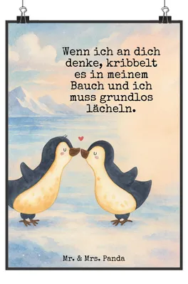 Produktbild von Mr. & Mrs. Panda Bild Pinguine Kuss Design DIN A0 - Weiß - Geschenk, kunstdruck poster, Mitbringsel, für Frauen, Freundin, Partner, Hochzeitstag, drucke, wanddeko