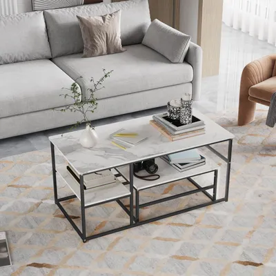 Immagine prodotto di Set di 2 tavolini da salotto - Effetto marmo e struttura - Bianco e nero