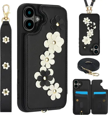 Obrázek produktu pro Crossbody pouzdro z umělé kůže s květinovým motivem a pouzdrem na karty černé pro Apple iPhone 17