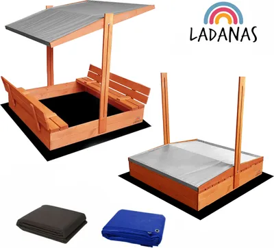 Produktbild von Ladanas® Sandkasten Holz- IMPRÄGNIERT -120 x 120 cm -Sandkiste Kinder incl. VLIES und ABDECKPLANE - faltbaren Bänken & verstellbarem Dach (Grau)- UV50- & Sonnendach
