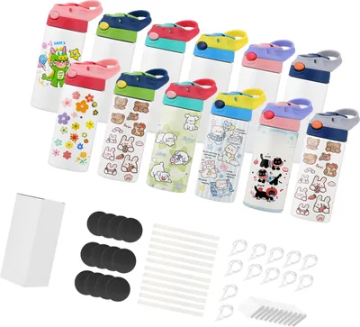 Obrázek produktu pro SucceBuy sublimační hrnky 12 ks (355 ml), nerezové polotovary s víčky (vícebarevné), brčko a držadlo, dvojitá izolovaná termoska pro DIY projekty a dárky