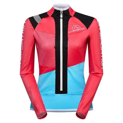 Windbreaker für Damen in Rot und Blau von La Sportiva; Modell Stratos VI Racing Jkt W; mit Reißverschluss und sportlichem Design.