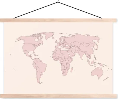 Produktbild von MuchoWow® Textilposter Weltkarte - Einfach - Rosa 120x80 cm mit holzfarbenen Rahmen - Aufhängeset