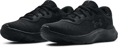 A pair of black Under Armour sneakers is shown against a white background.