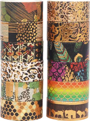 Obrázek produktu pro 12 rolí Washi Tape Set Gold Foil Wilderness Style Animal Washi Maskovací pásky Dekorativní páska Label Samolepky 15 mm široké pro DIY Umění a řemesla Scrapbooking Deníky Plánovač Deník Notebook Karty Dárkové balení Kancelářské potřeby Školní potřeby