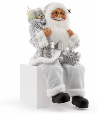 Imagen del producto de Benza – Papá Noel sentado – Blanco y plateado – 45 cm de alto – Con bolsa de regalos y copo de nieve – Decoración navideña