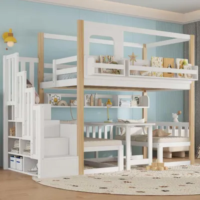 Image de Lit mezzanine pour enfants avec table réglable en hauteur, étagère et escalier robuste, en pin blanc naturel + MDF + contreplaqué. Dimensions : 90 x 200 cm, blanc + naturel