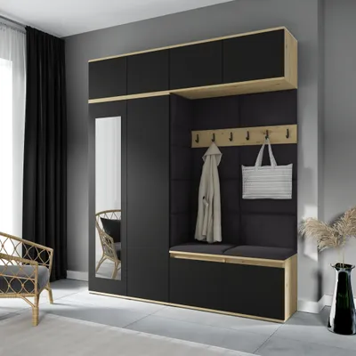 Produktbild von Garderoben-Set NIKOLA Kleiderschrank mit Polsterplatten Schuhschrank und Schrankaufsatz 90cm Flur und Eingangsbereich (Artisan/Schwarz Trinity 16)