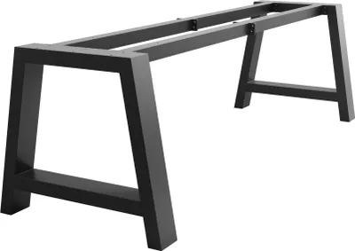 A black metal table frame with A-shaped legs, shown from a diagonal angle against a white background.
