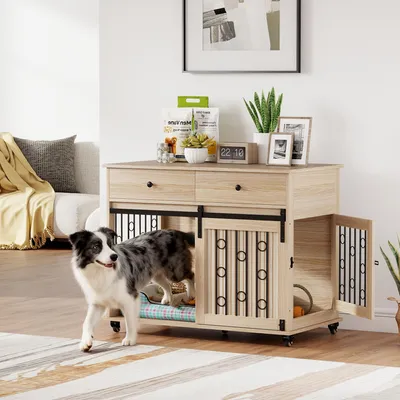 Produktbild von Hundebox auf Rädern mit 2 Türen & 2 Schubladen, Hundekäfig Möbeloptik MDF & Stahl, Eiche | 100 x 56 x 81 cm | 22 kg | 5 Rollen