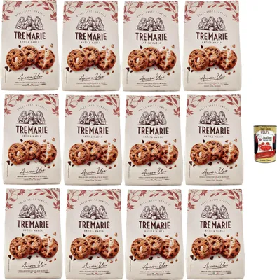 Produktbild von Tre Marie Ancora Uno Frolla con Gocce di Cioccolato in pezzi, Kekse Kakao Kekse mit Tropfen Schokolade Biscuits 12x 360g Packung + italian Gourmet polpa 400g