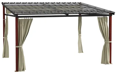 Produktbild von Luxus Pergola mit Polycarbonatdach und Schiebedach, Aluminium Pavillon inkl. 4 Vorhänge, Beige, 345 x 300 x 255 cm, wetterfestes Hardtop