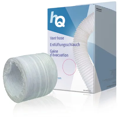 A white flexible vent hose is shown in front of its packaging.