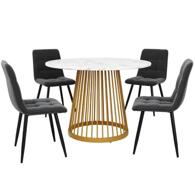 Produktbild von Flieks Essgruppe, Esstisch mit 4 Stühlen, Rundtisch 80x80x76 cm, Polsterstühle mit Sitzfläche aus Samt, gold + grau