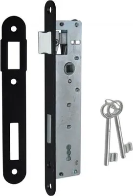 A lock mechanism and strike plate with two keys, presented on a white background.