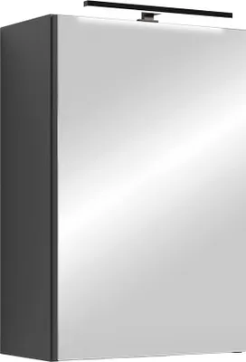 A product shot of a bathroom cabinet with a mirrored door and a light fixture above it.