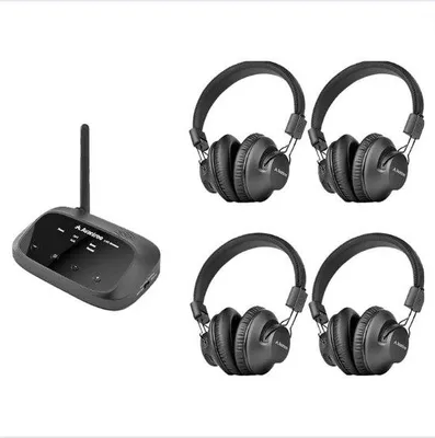 Immagine prodotto di Set completo per silent disco con 4 cuffie, cuffie wireless e luci da discoteca