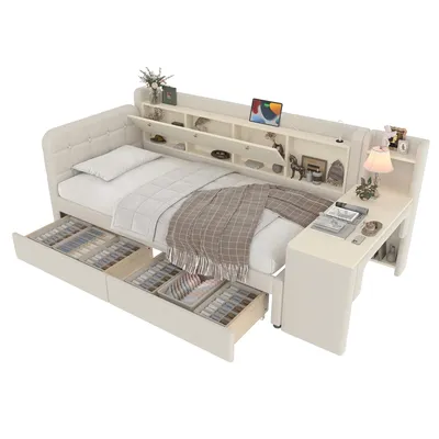 Produktbild von Stauraumbett mit Schreibtisch, 90x200 cm, Lattenrost, Regal, Schubladen, USB und Type-C Anschluss,  Einzelbett, Polsterbett, Leinen