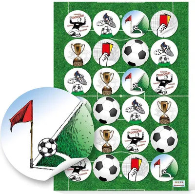 Produktbild von 24 Stück Fußball Aufkleber Sticker rund 4 cm Tor gelbe Karte Pokal Ecke Fußballer Fußballschuhe zum Basteln als Geschenkaufkleber für Papiertüten Etiketten zur Deko Weltmeisterschaft24 Aufkleber / 1 Bogen