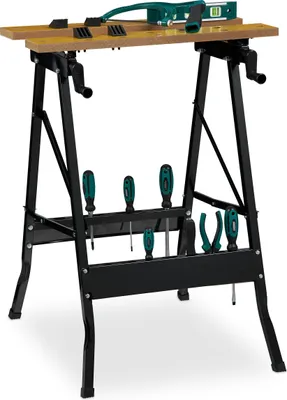 Obrázek produktu pro Skládací pracovní stůl Relaxdays, nosnost až 100 kg, nastavitelná pracovní deska, 4 upínací čelisti, rozměry 75,5 x 56,5 x 62 cm, přírodní/černá