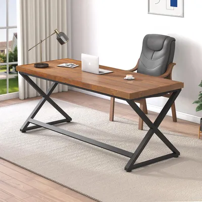 Massivholz-Schreibtisch 152 cm, X-Gestell, Industrie-Design, braun