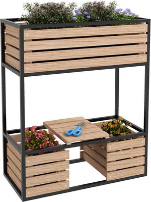 Image de Jardinière surélevée, résistante aux intempéries, 3 pots de fleurs, 83 cm x 39 cm x 100 cm, naturel + noir