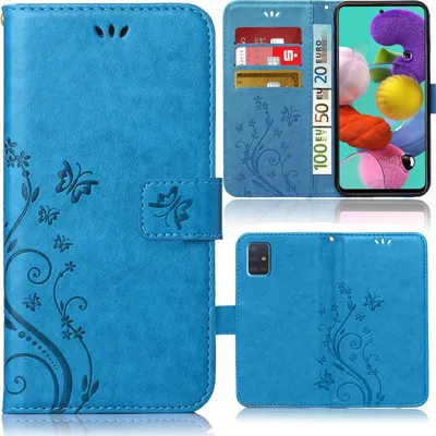 Produktbild von Numerva Klapp-Schutzhülle für Samsung Galaxy A51, Blau, Blumenmuster, mit Standfunktion, 3 Kartenfächer, 1 Seitenfach, aus Kunstleder, TPU, Silikon
