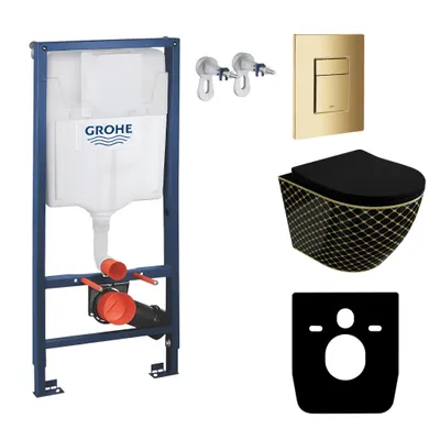 Produktbild von GROHE Vorwandelement Solido + Wand Hänge WC Sofi Slim Black Night Schwarz Spülrandlos + WC-Sitz SoftClose | Goldener Knopf | Komplettset | Unterputz Spülkasten |  Toilette Komplett Sett