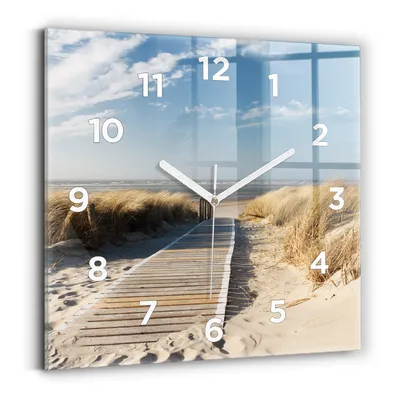 Produktbild von Wallfluent Wanduhr – Stilles Quarzuhrwerk - Uhr Dekoration Wohnzimmer Schlafzimmer Küche - Zifferblatt - weiße Zeiger - 30x30 cm - Blick auf den Strand