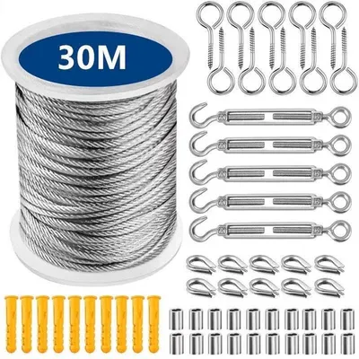 Produktbild von 56-teiliges Edelstahlseil-Set 30M für Außen, Pflanzen, Wäscheleine & Deko