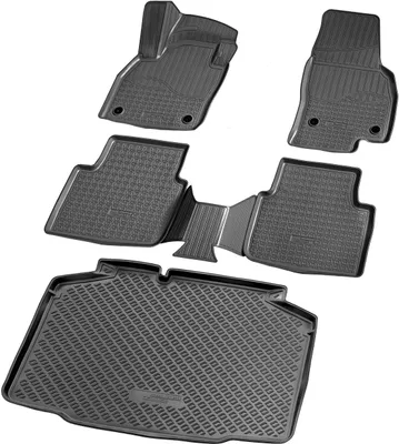 A set of car floor mats and a trunk liner are displayed against a white background.