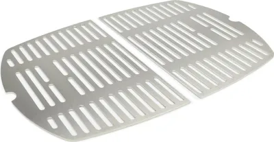A pair of stainless steel grill grates on a white background.