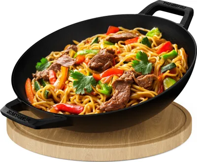 Produktbild von KAISERTAL 32cm Gusseisen Wok Induktion - Wokpfanne aus Gusseisen mit Glasdeckel - Gusseisenpfanne perfekt für Gasgrill, Herd, Ofen & Paella Pfanne - Induktionsgeeignet für Stir Fry oder Sac Tava Schwarz - Ohne Deckel