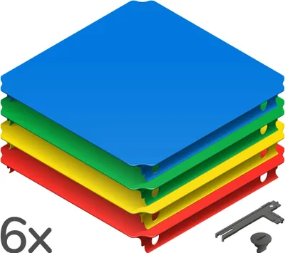 A stack of colorful square plates with a small tool accessory.