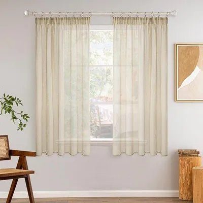 Productafbeelding van Ibenzoa® gordijnen met vouwband, set van 2, lichte voile gordijnen, lichtdoorlatend, polyester, beige, 140 x 145 cm, geschikt voor woon- en slaapkamer