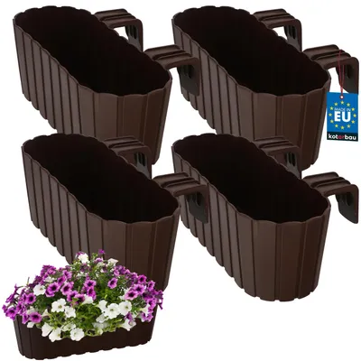 Four brown balcony planters are shown, with one filled with purple and white flowers.