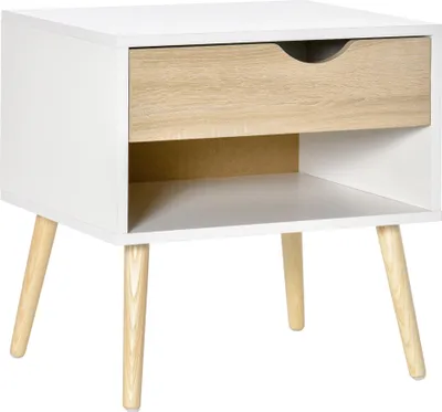 Image de HOMCOM Table de chevet, table de nuit, avec tiroir, design moderne, pieds en bois massif, 50 x 39 x 51 cm, blanc et bois naturel