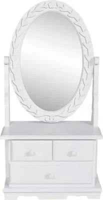 A white vanity table with an oval mirror and drawers.