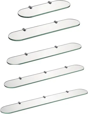 Imagen del producto de Estante de vidrio para pared: vidrio transparente templado de 8 mm, 1 unidad, 60 x 12 cm, con clips de vidrio cromados