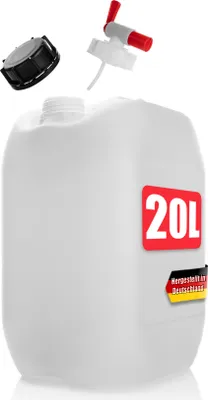 Produktbild von BigDean Wasserkanister 20L mit Auslaufhahn + Schraubdeckel naturweiß - BPA frei lebensmittelecht stapelbar UN-Zulassung DIN 61
