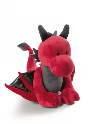 A plush toy dragon is lying down on a white background.