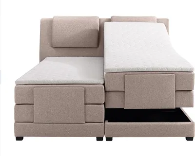 Produktbild von Kontinentales Bett: Kopfteil + elektrische Entspannungsrahmen + Matratzen + Matratzenauflage CASTEL by PALACIO - 2 x 80 x 200 cm - Beige Stoff