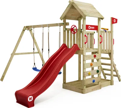 Image de Tour de jeux WICKEY MultiFlyer avec toit en bois, balançoire et toboggan, tour d'escalade avec toit naturel, bac à sable, échelle et accessoires de jeu – rouge