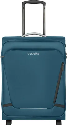 A teal Travelite trolley suitcase with a retractable handle.