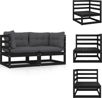 Image de vidaXL Canapé de jardin 2 places avec coussins noir pin massif - éléments de canapés de jardin