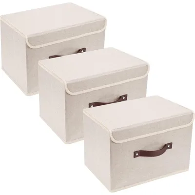 Productafbeelding van Opvouwbare opbergbox met deksel, van stof, wasbaar, set van 3, beige, 38x25x25 cm