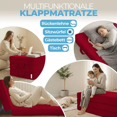 Produktbild von ELONEO Klappmatratze, Gästematratze, 3-teilige Faltmatratze, Schaumstoff extra dick(15cm), Bandscheibenwürfel, klappbar, faltbare Matratze, (Rot)