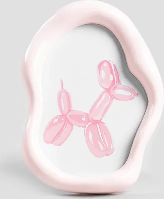 A pink, irregularly shaped picture frame with a drawing of a pink balloon dog inside.